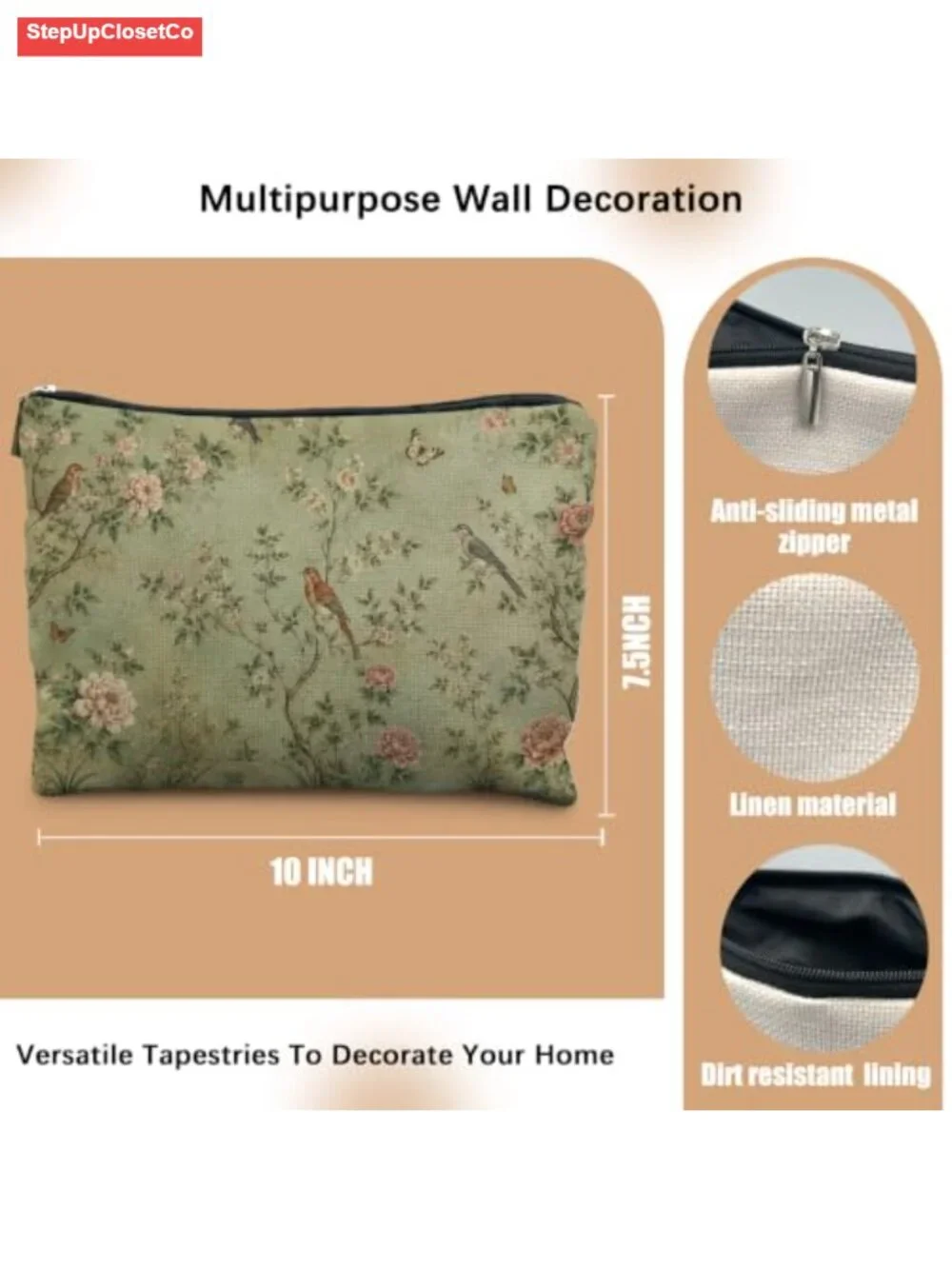 Chinoiserie Floral Cosmetic Bag for Women | Linen Toiletry Zipper Pouch Travel